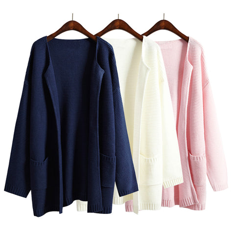 2017 Autumn And Winter Women Sweater Jacket Solid Color No Button Female Loose Long Sweaters Navy Blue Pink Knitted Cardigan