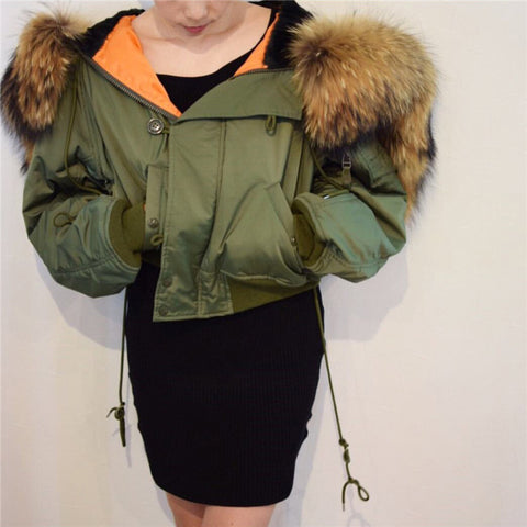 Chic Winter parkas Army Green bomber jacket Large Fur Colloar Hooded Women coat Padded zipper chaquetas biker outwear AO162