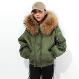 Chic Winter parkas Army Green bomber jacket Large Fur Colloar Hooded Women coat Padded zipper chaquetas biker outwear AO162