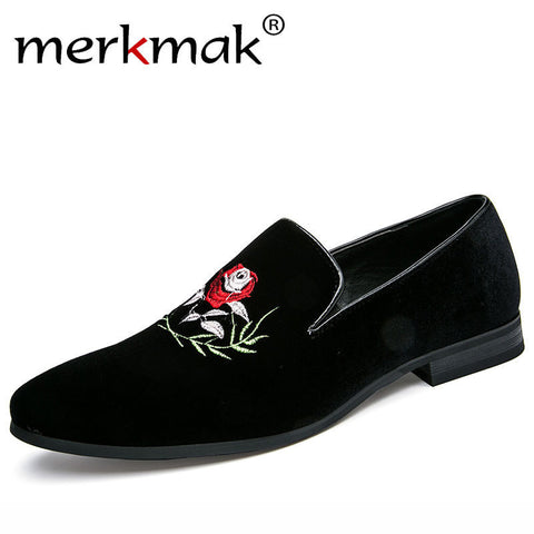 Merkmak Italy Fashion Design Men Loafers Rose Flower Embroidery Men Leather Shoes Mens Casual Flat Loafer Party Wedding Shoes