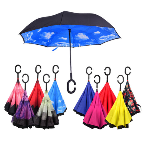 Travel Umbrella Strong Waterproof C Shape Double Layer Reverse Car Umbrella Open/Close In The Narrowest Space Creative Graphic