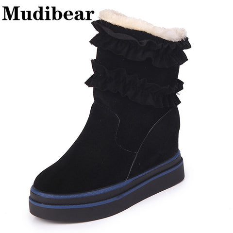 Women Winter Snow Boots Mid-Calf Solid Wedges Ladies Height Increasing Shoes Casual Leather Boot Woman Warm Botas black brown