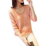 Women Eleglant Solid Knitted Hollow Out Loose Blouse Shirt Long Sleeve Pink Loose Blouse Tops