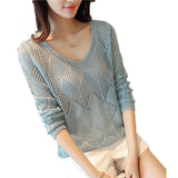 Women Eleglant Solid Knitted Hollow Out Loose Blouse Shirt Long Sleeve Pink Loose Blouse Tops