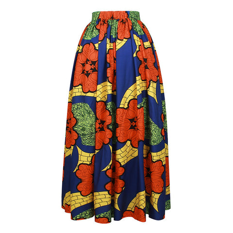 Women Casual High Waisted African Floral Print A Line Maxi Long Skirt with Pockets