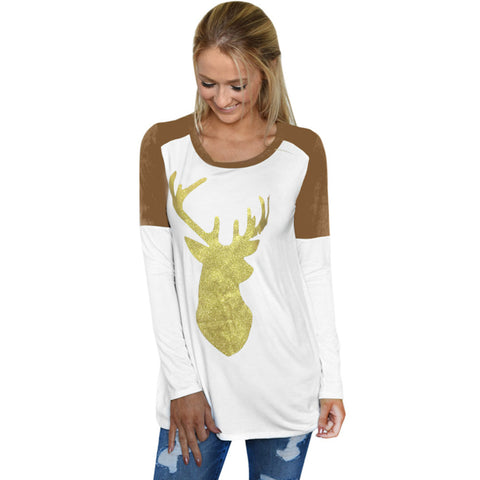 Women Long Sleeve Reindeer Printed T Shirt Blouse Tops