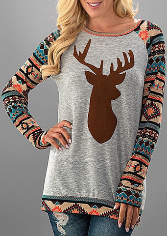 Women Christmas Elk Long Sleeve Geometric Printed Splicing T-Shirt