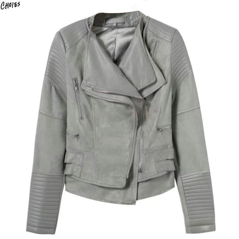 Women Faux Suede Patchworked PU Leather Biker Jacket Coat Double Layered Wide Lapel Long Sleeve 2 Colors Cropped Outwear