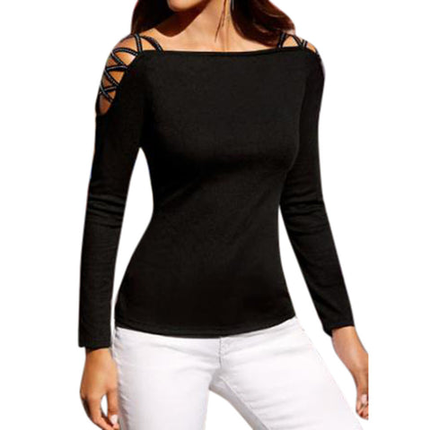 Women Solid Black Off Shoulder Sexy Blouses Long Sleeve Slim Tops Shirt