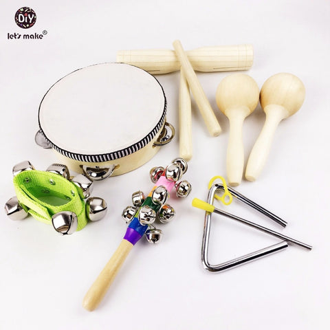 Let's Make 9pcs Baby Montessori Toys Wooden Drum Rattles Bell Children Toys Gift