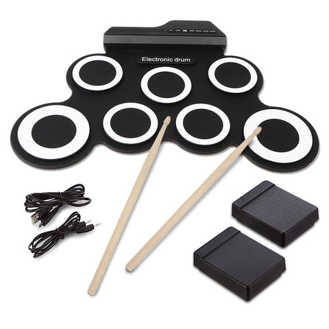 7 Pad Portable Foldable Practice Instrument Electronic Roll up Drum Pad Kits with 2 Foot Pedals and Drum Sticks for Beginner