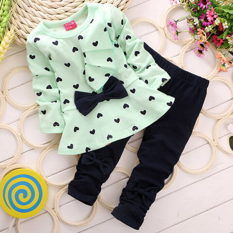 New Baby Sets Heart-shaped Print Bow Cute 2PCS Kids Set T shirt + Pants