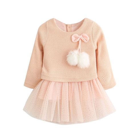 Toddler Baby Kid Girls Long Sleeve Knitted Bow Newborn Tutu Princess Dress 0-24M