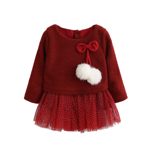 Toddler Baby Kid Girls Long Sleeve Knitted Bow Newborn Tutu Princess Dress 0-24M